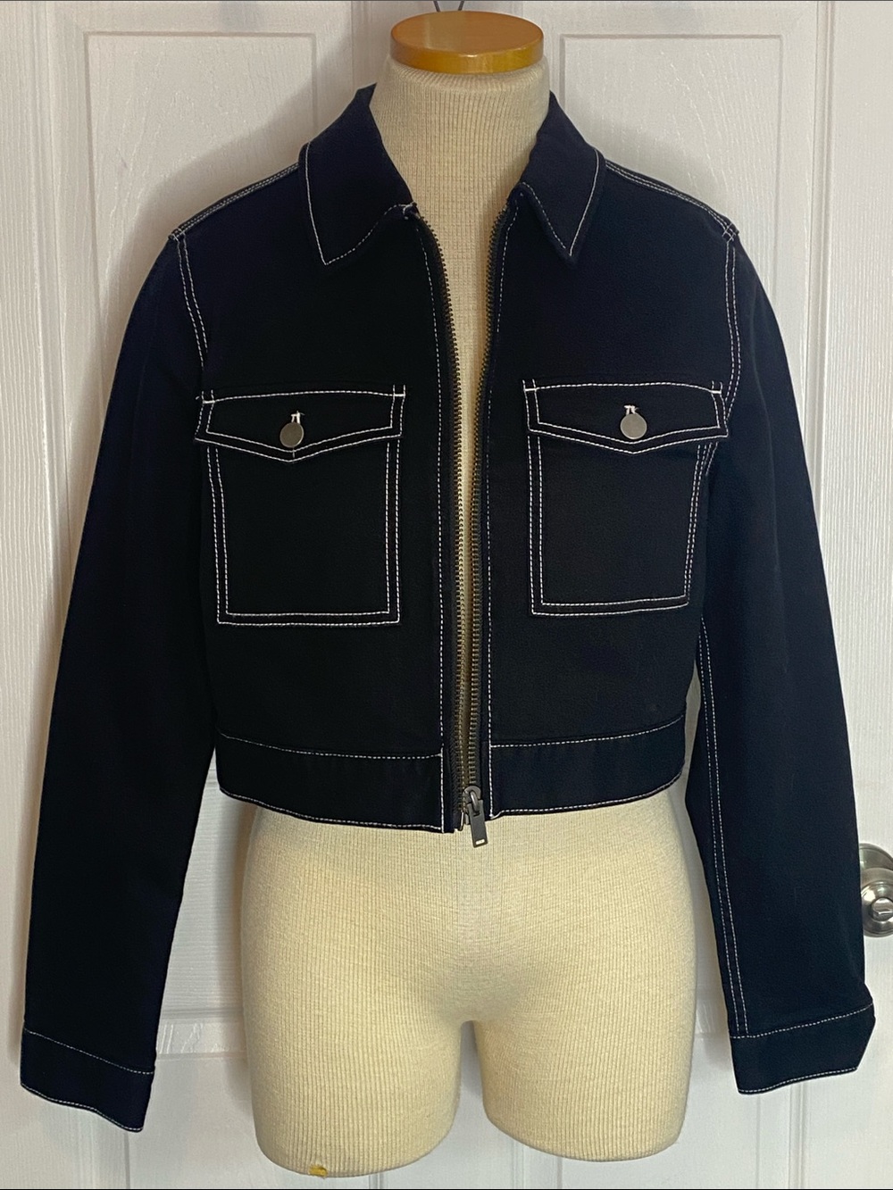 OAK + FORT Black Contrast Stitch Cropped Utility Jacket M Minimalist - Picture 2 of 13